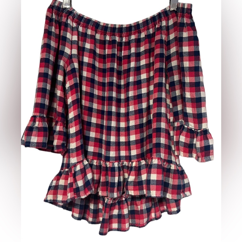 Jane & Delancey pink Plaid Off the Shoulder Soft Flowy Ruffle 3/4 Sleeve Top XS